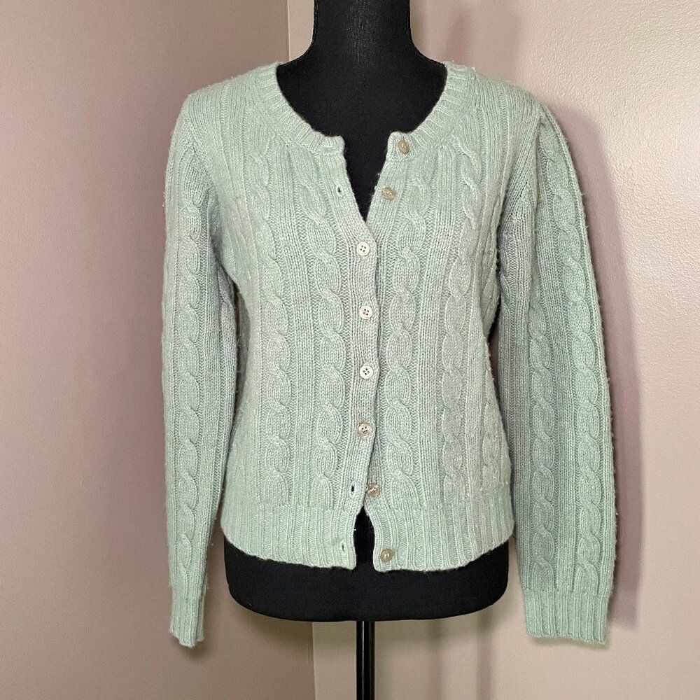 BOSTON PROPER Vintage Sage Cable Knit Angora Lambswool Cardigan S